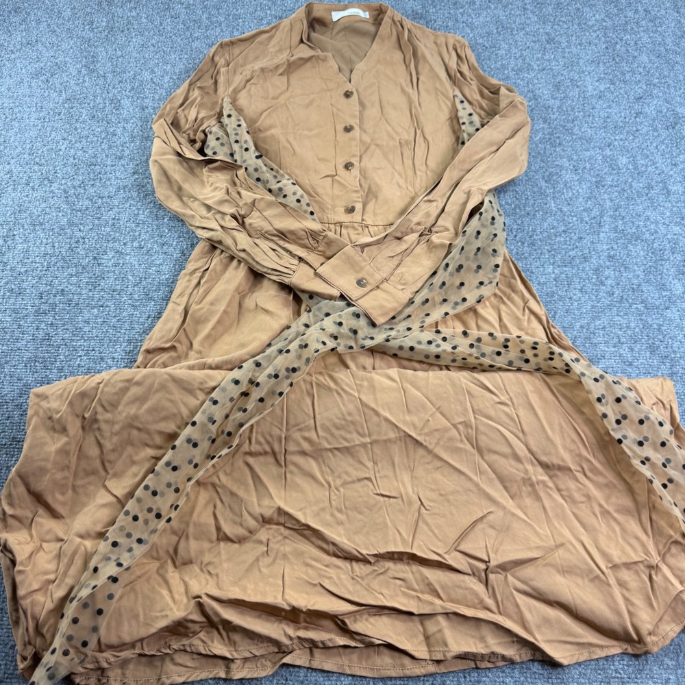 L.S.zhudao Midi Dress S Brown Polka Dot Tulle Sash Long Sleeve Women